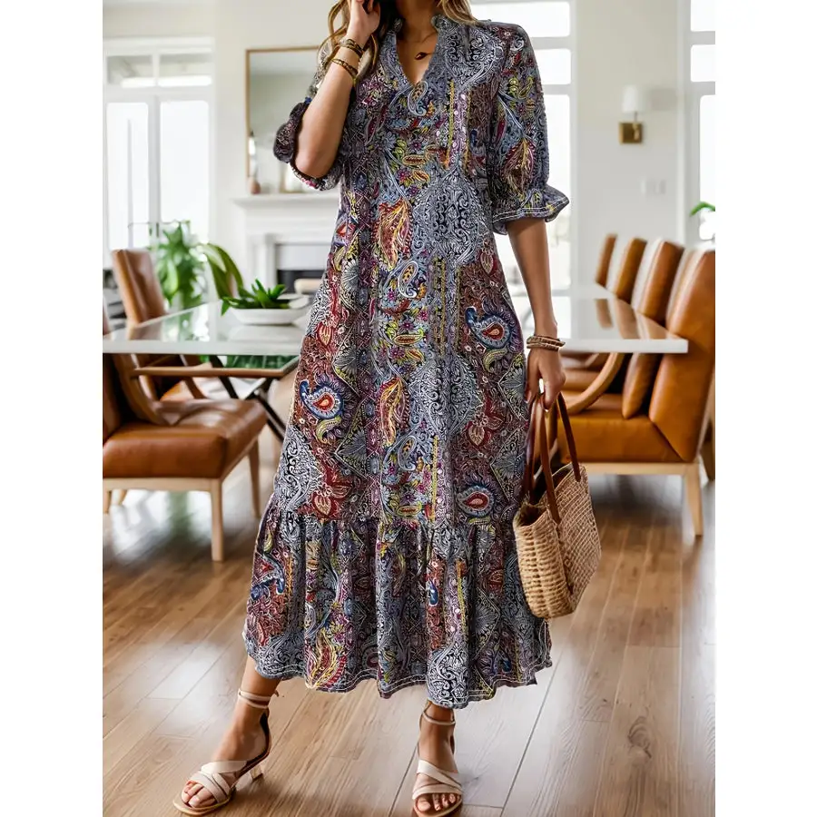 Full Size Bohemian Paisley Ruffle Hem Midi Dress Plus Size