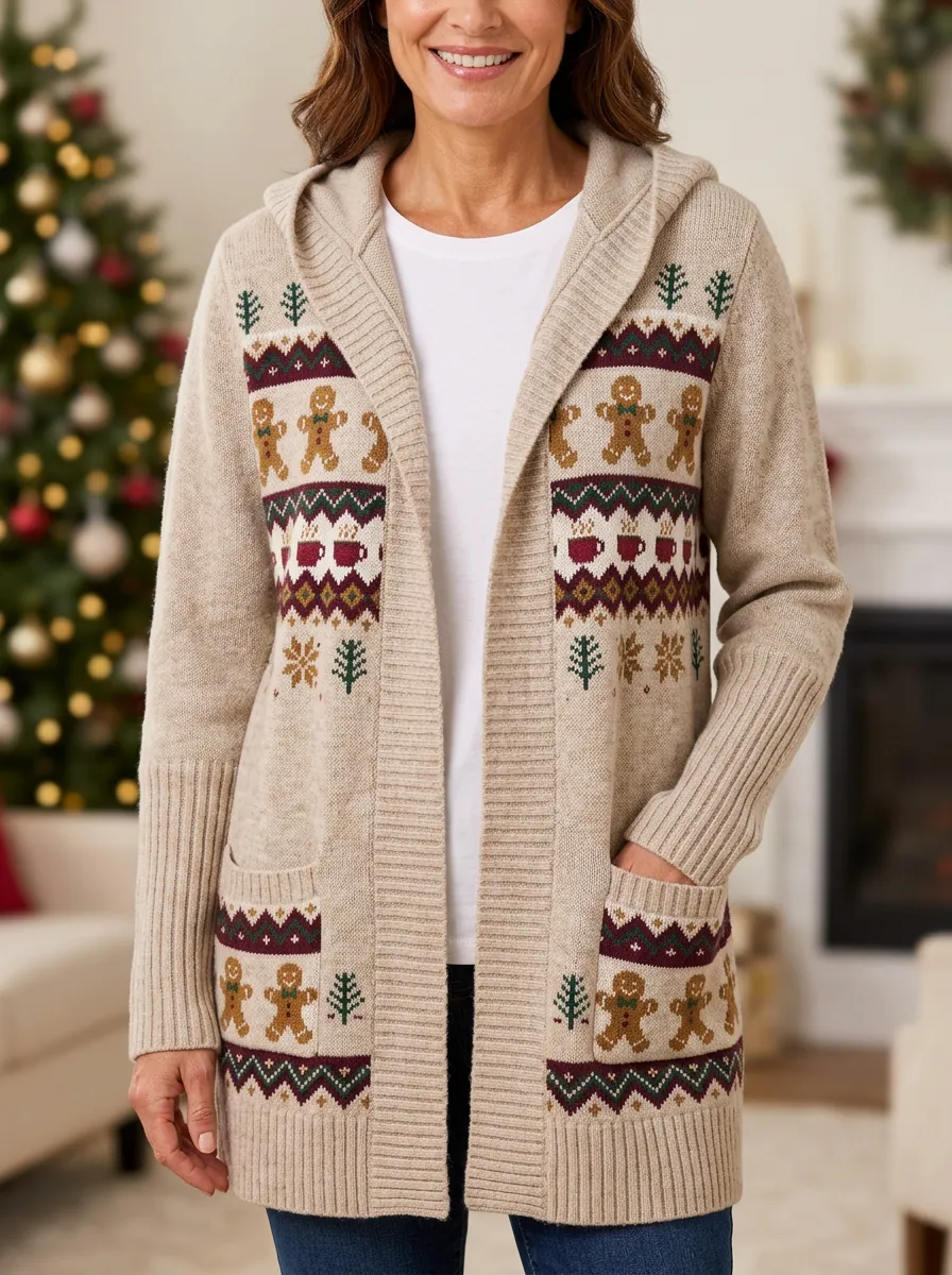 Christmas Gingerbread Man Fair Isle Pattern Print Hooded Cardigan