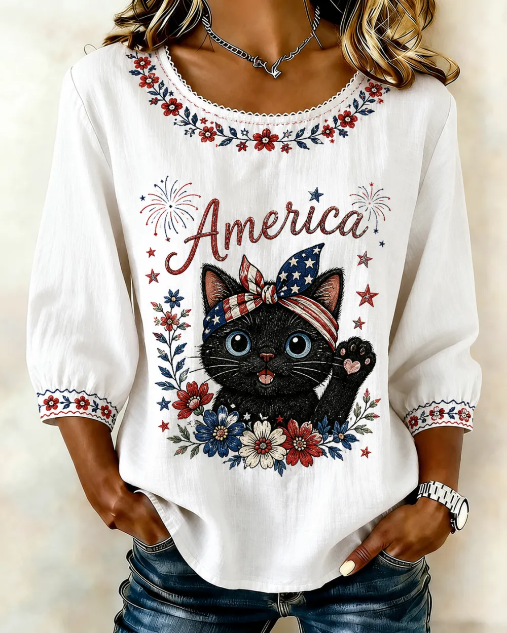 Women'S Independence Day And Cat Printed Round Neck Top