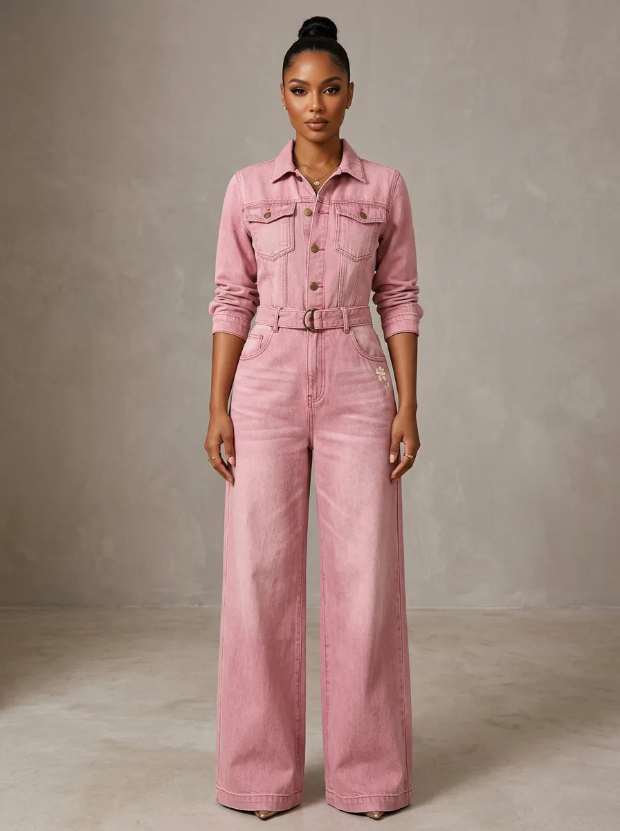 Pink Modern Floral Embroidered Denim Jumpsuit