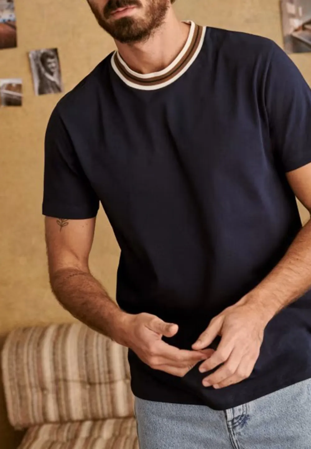 Navy White Trim Crew Neck Retro T-Shirt