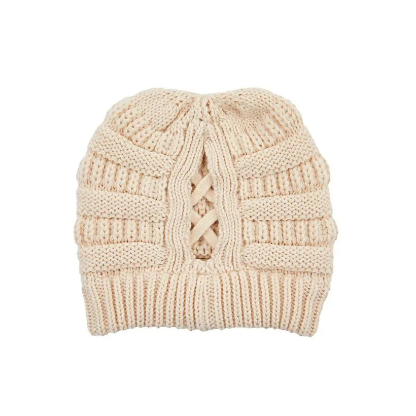 Criss Cross Ponytail Knit Beanie