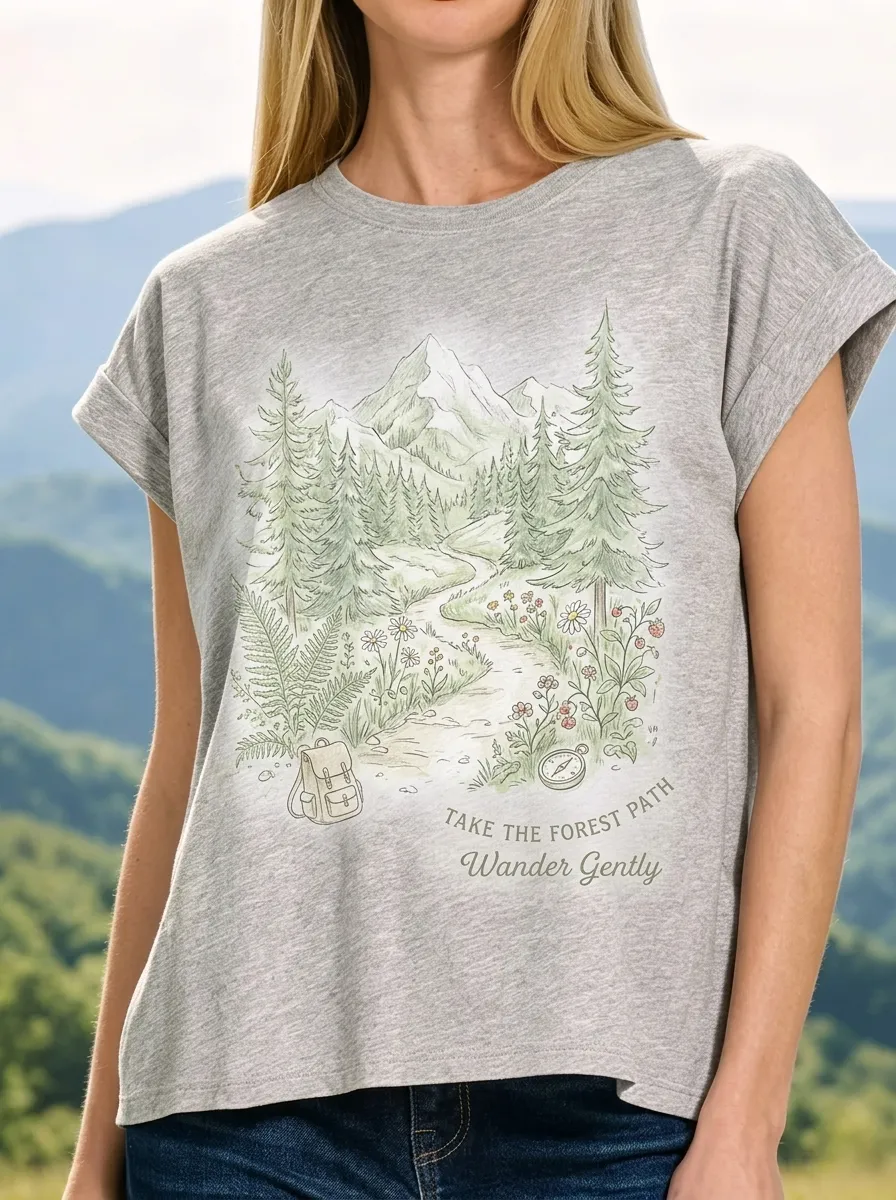 Women's Nature Hiking Lover Mountain Forest Path Printed T-shirt
