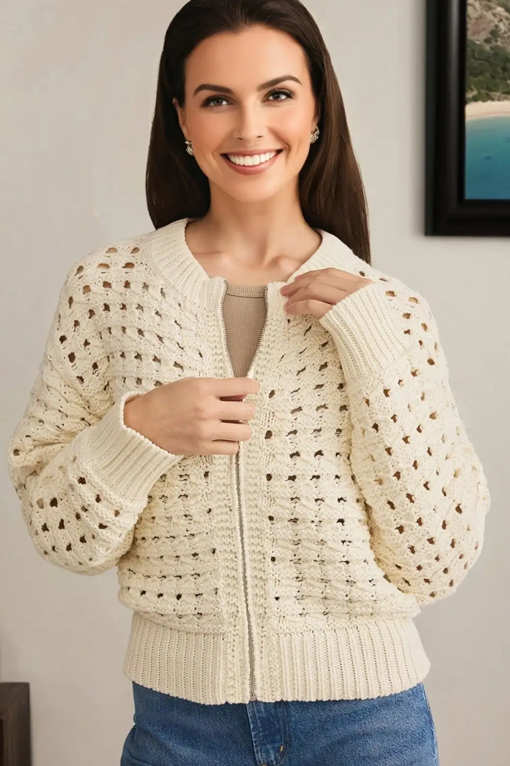 Openwork Pattern Knit Zip Up Drop Shoulder Cardigan