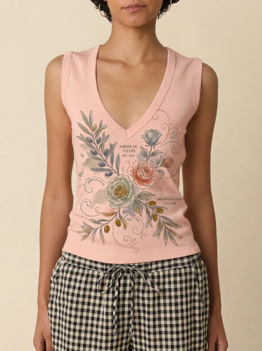 Women's Jardin De Fleurs Floral Olive Branch Printed Tank Top