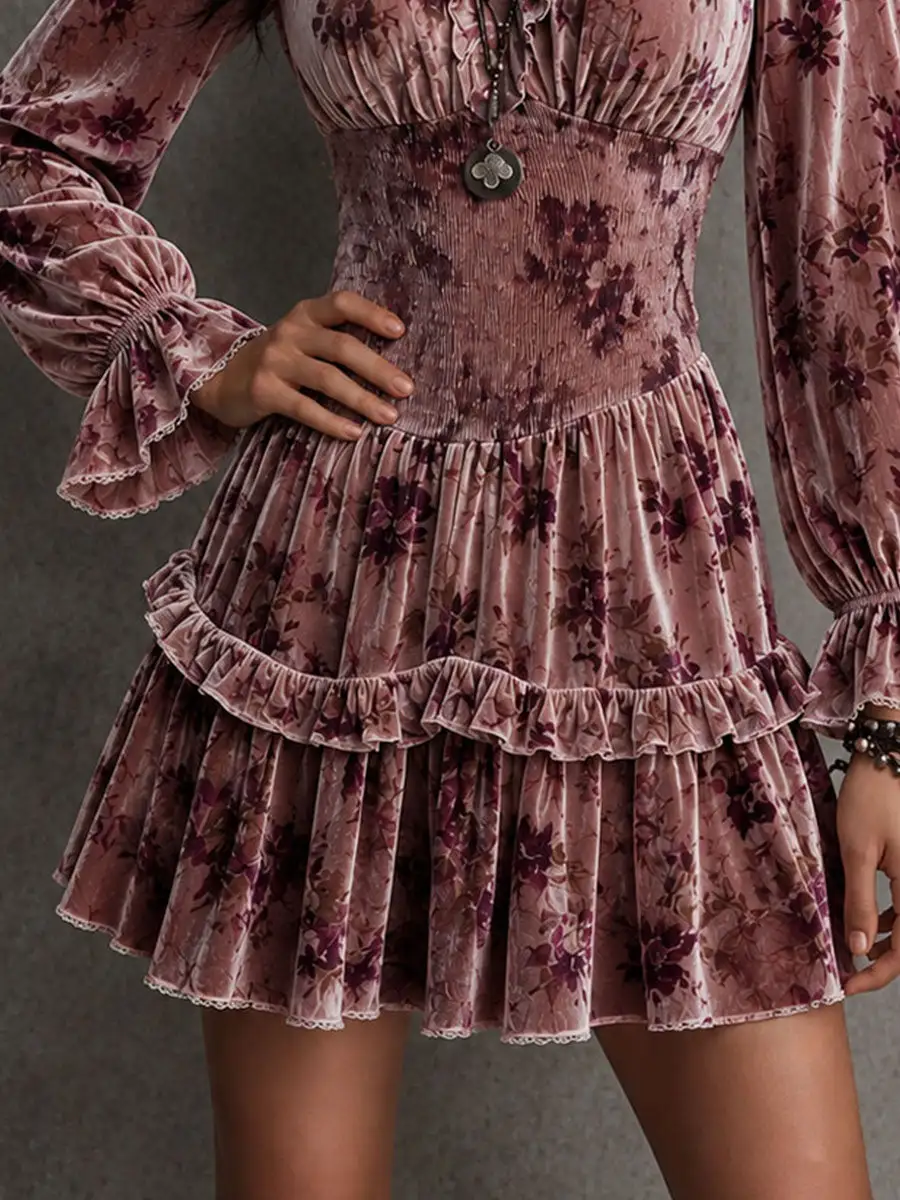 Boho Vintage Floral Velvet Smocked Waist Tiered MiniDress