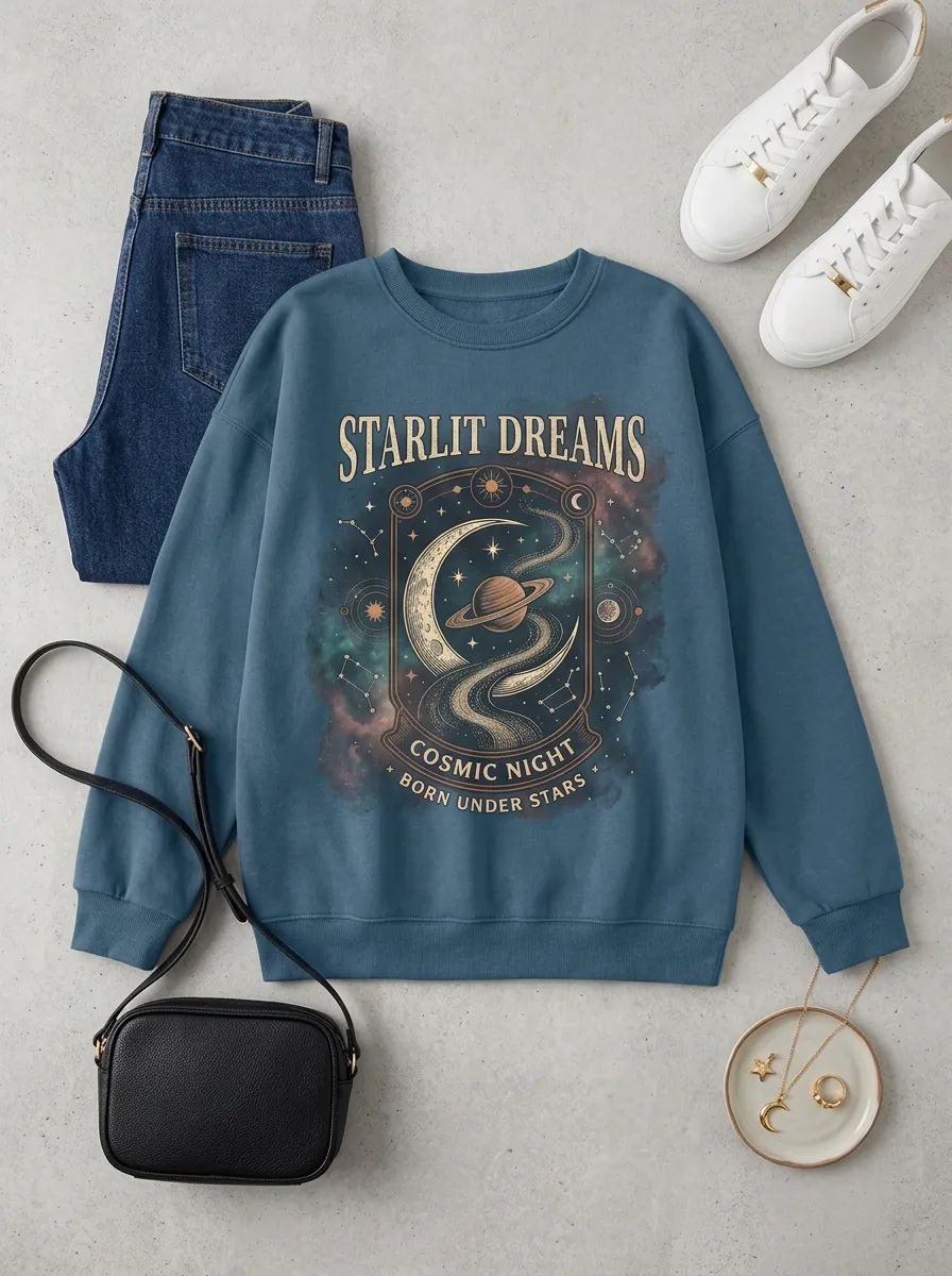 Women's Celestial Starlit Dreams Planet Moon Printed T-shirt