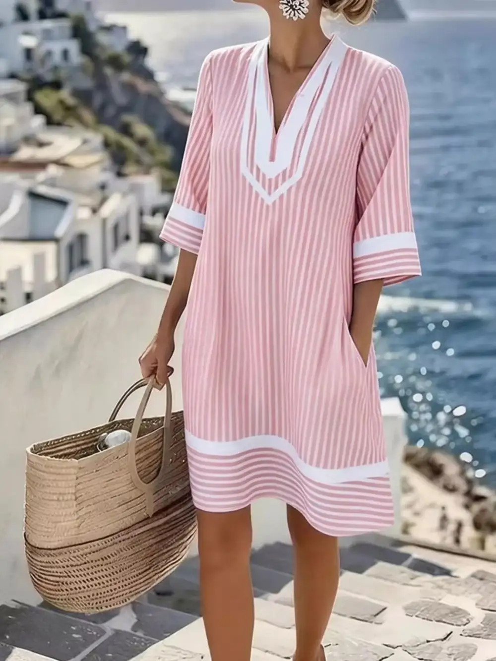 V-Neck Striped Casual Dress