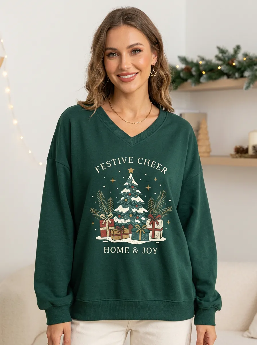 Christmas Tree Gift Box Festive Cheer Print Sweatshirt