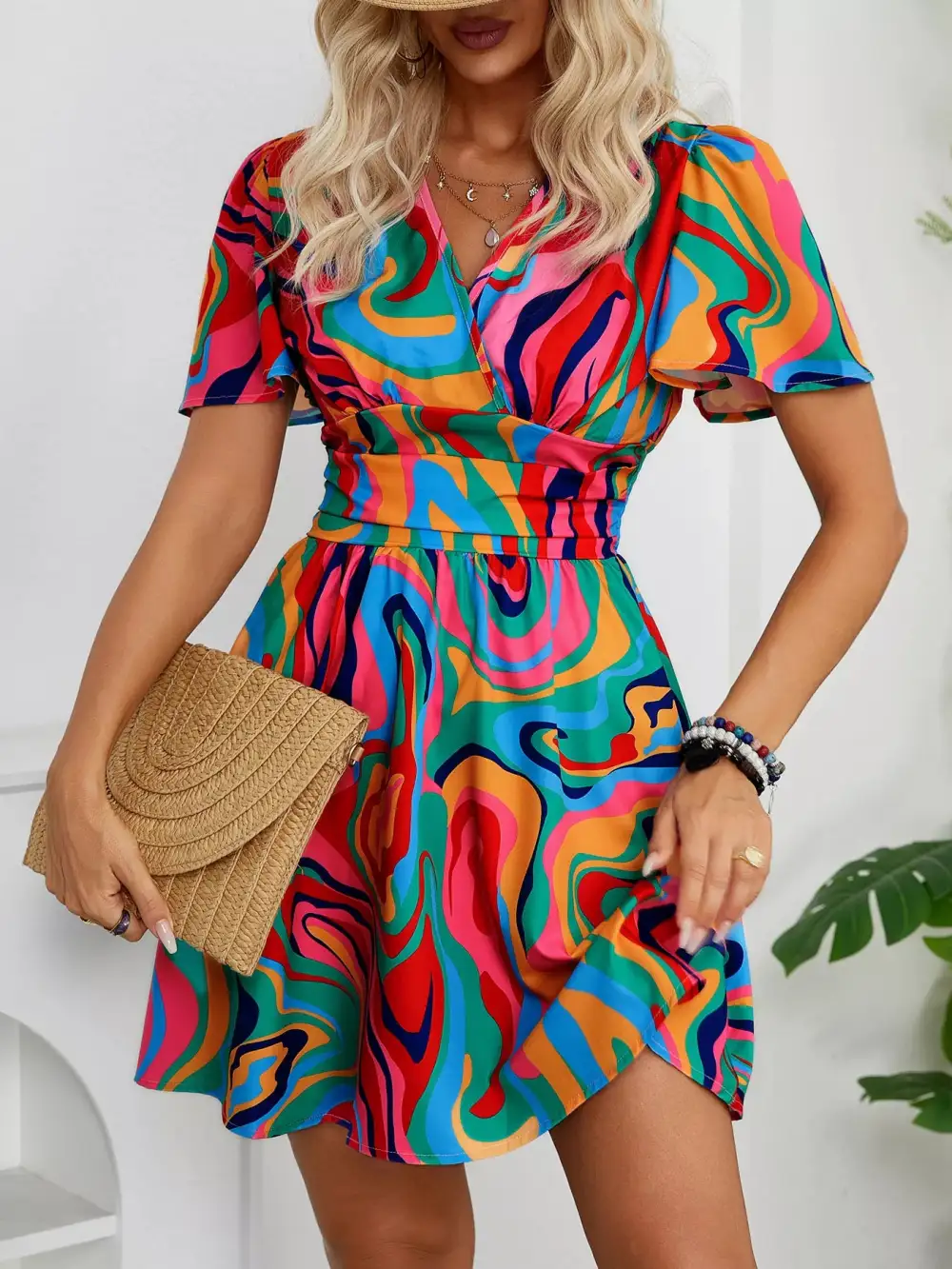 Smocked Short-Sleeve Cotton Mini Dress