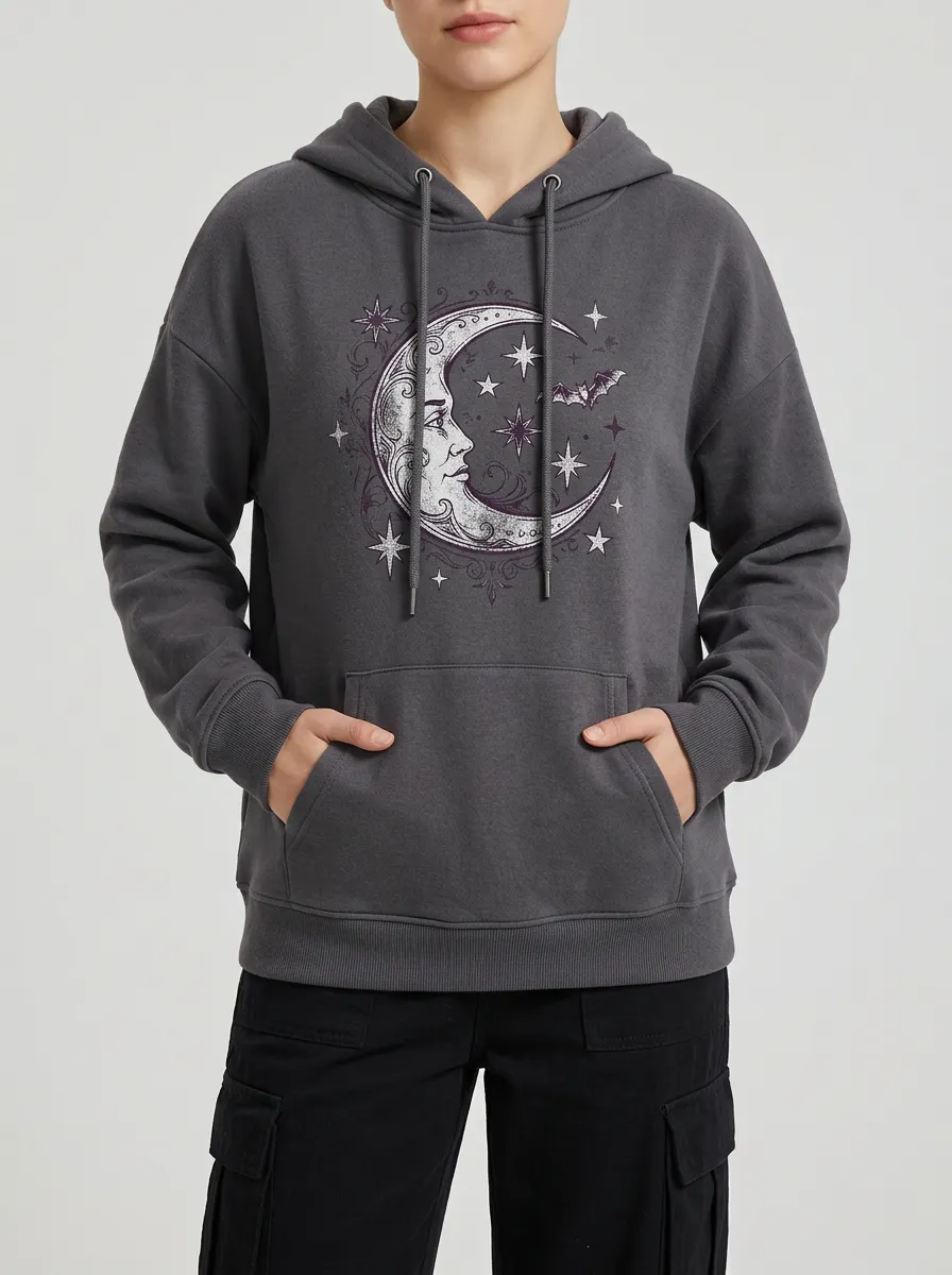 Unisex Halloween Gothic Moon Bat Stars Printed Hoodie