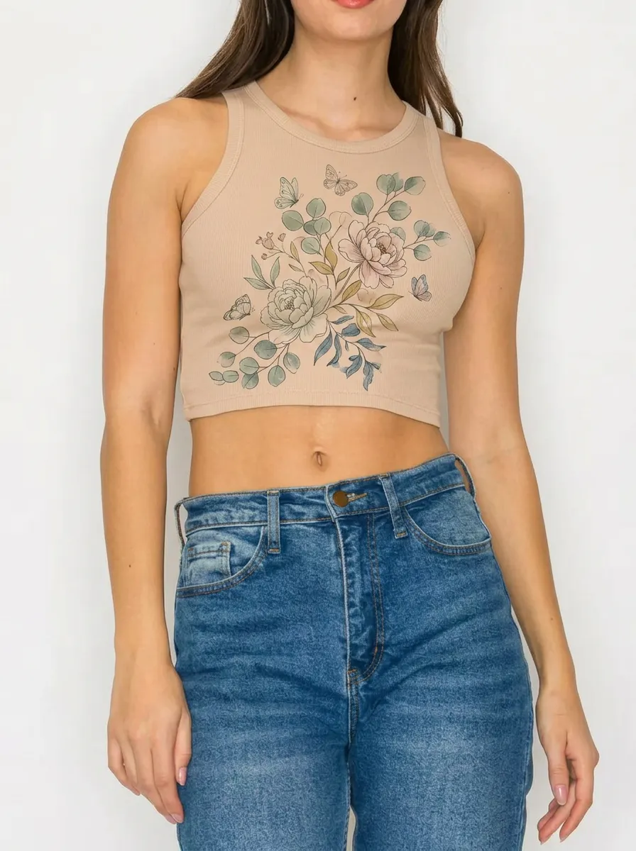 Women's Floral Butterfly Aesthetic Printed Ribbed Tank Top