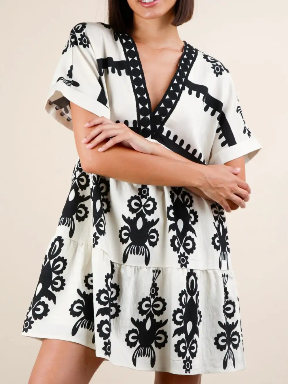 Printed V Neck Short Sleeve Mini Dress