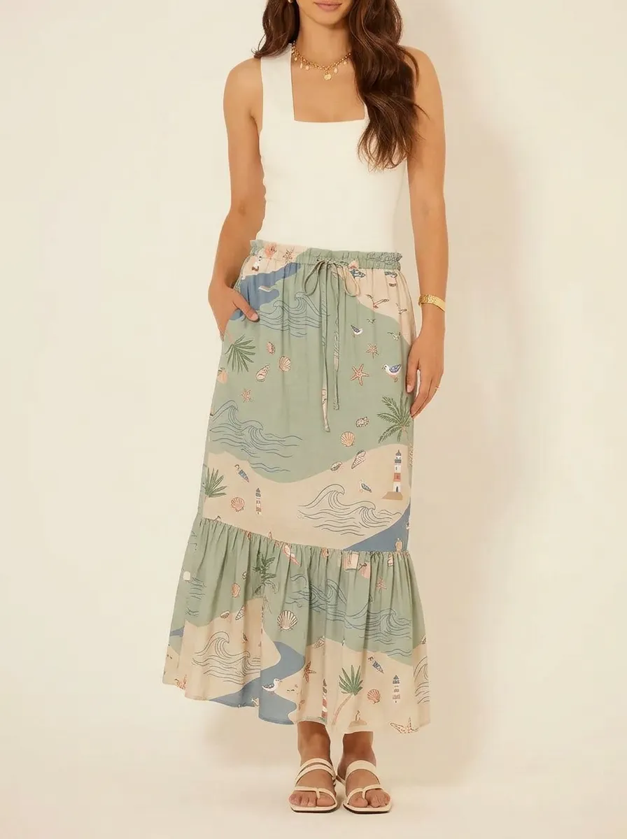 Women's Beach Lover Lighthouse Seashell Palm Printed Maxi Skirt