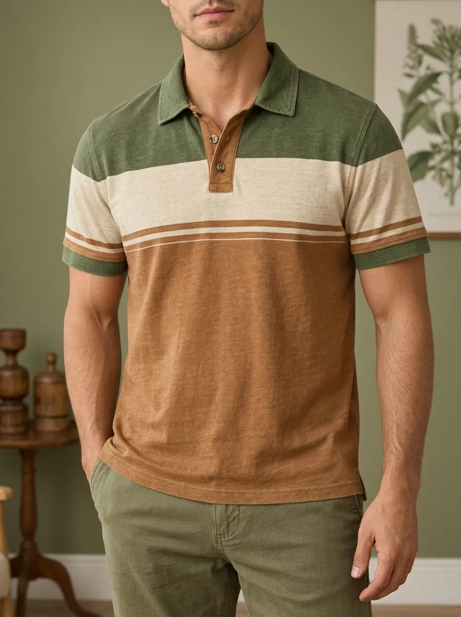 Men's Vintage Casual Earth Tone Striped Printed Polo Shirt