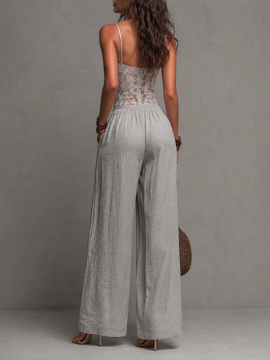 Bohemian Light Grey Lace And Crinkle Cotton Wide-Leg Jumpsuit
