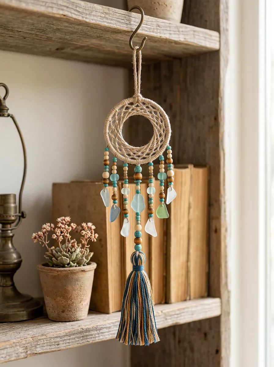 Boho Sea Glass Beaded Macrame Suncatcher Hanging Ornament