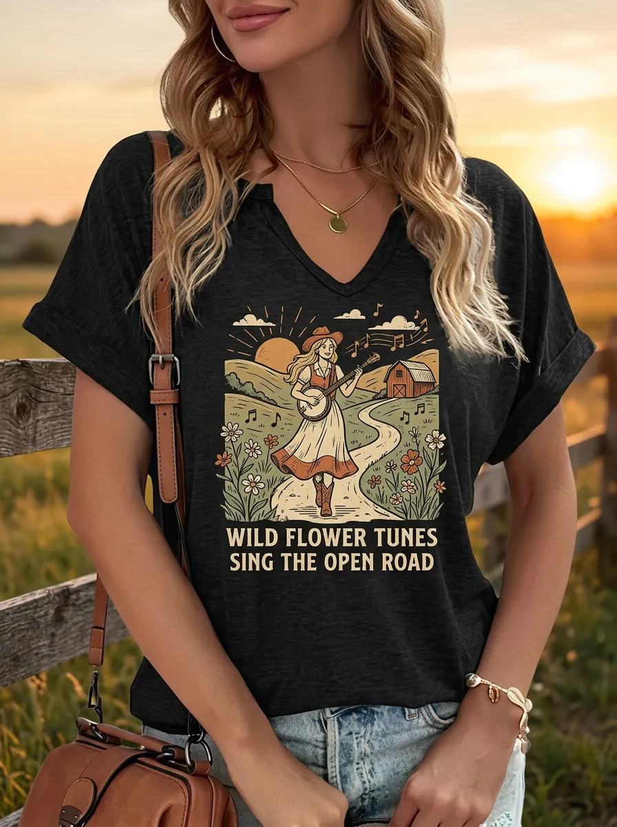 Backroads-Inspired Banjo Wildflower Custom Country Music V-Neck T-Shirt