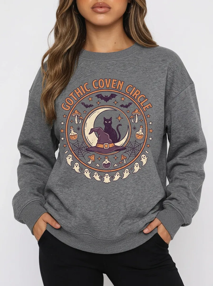 Women's Halloween Gothic Coven Cat Moon Ghost Printed Sweatshirt