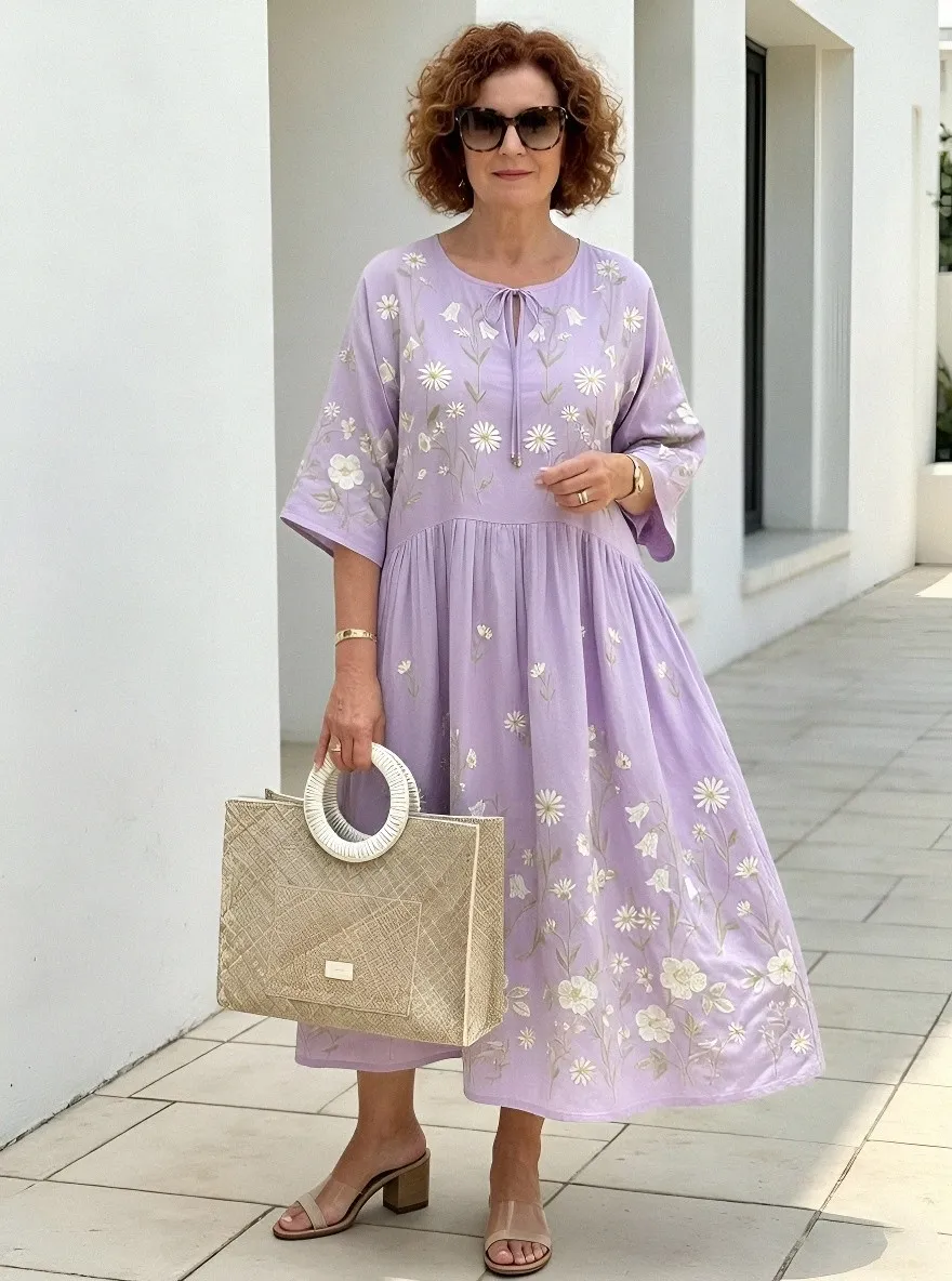 Women's Summer Vacation White Daisy Floral Embroidered Printed Dress