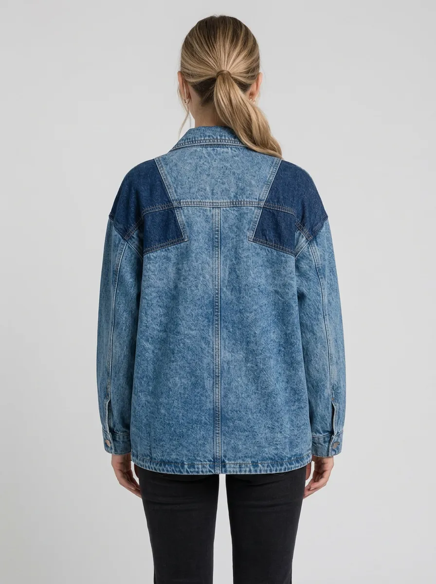 Women's Casual Two-Tone Colorblock Denim Jacket