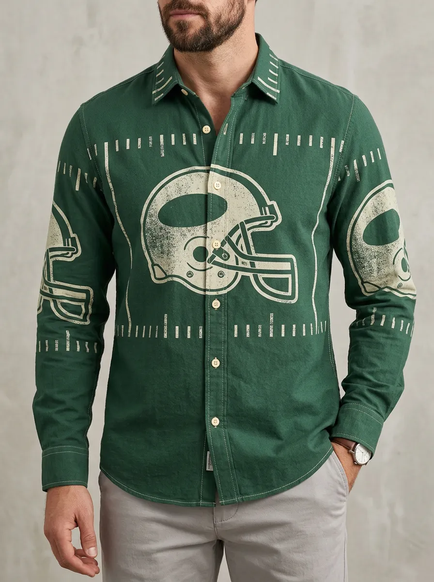 Men's American Football Helmet Field Printed Button-Down Shirt