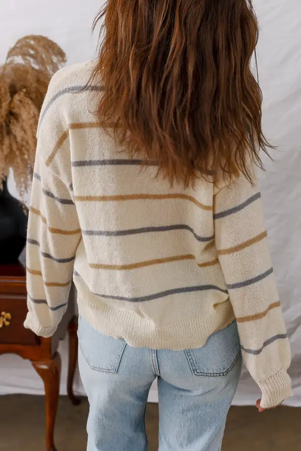 Striped Button Front V Neck Drop Shoulder Cardigan