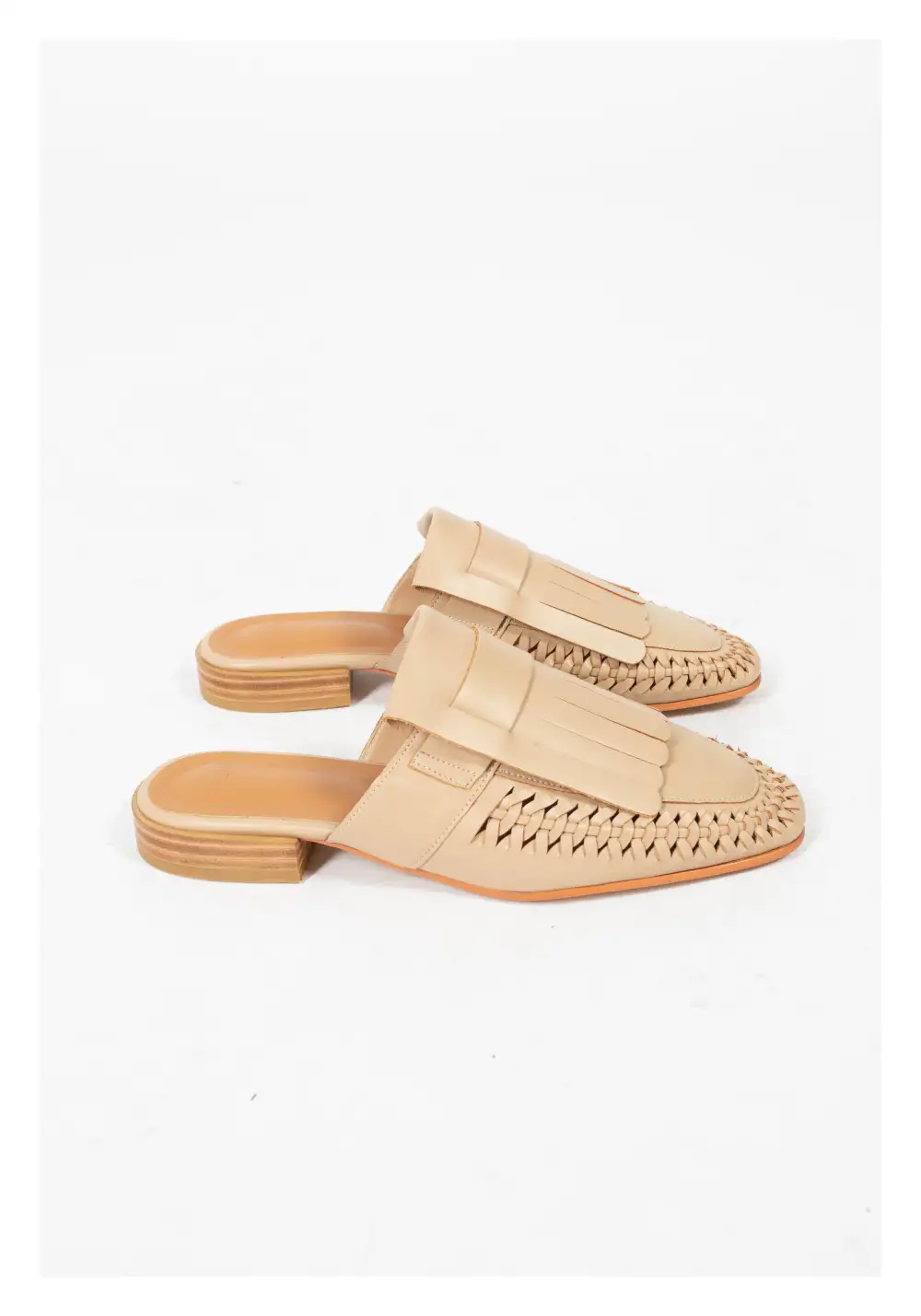 Understated Faux Leather Woven Fringe Detail Slip On Mules