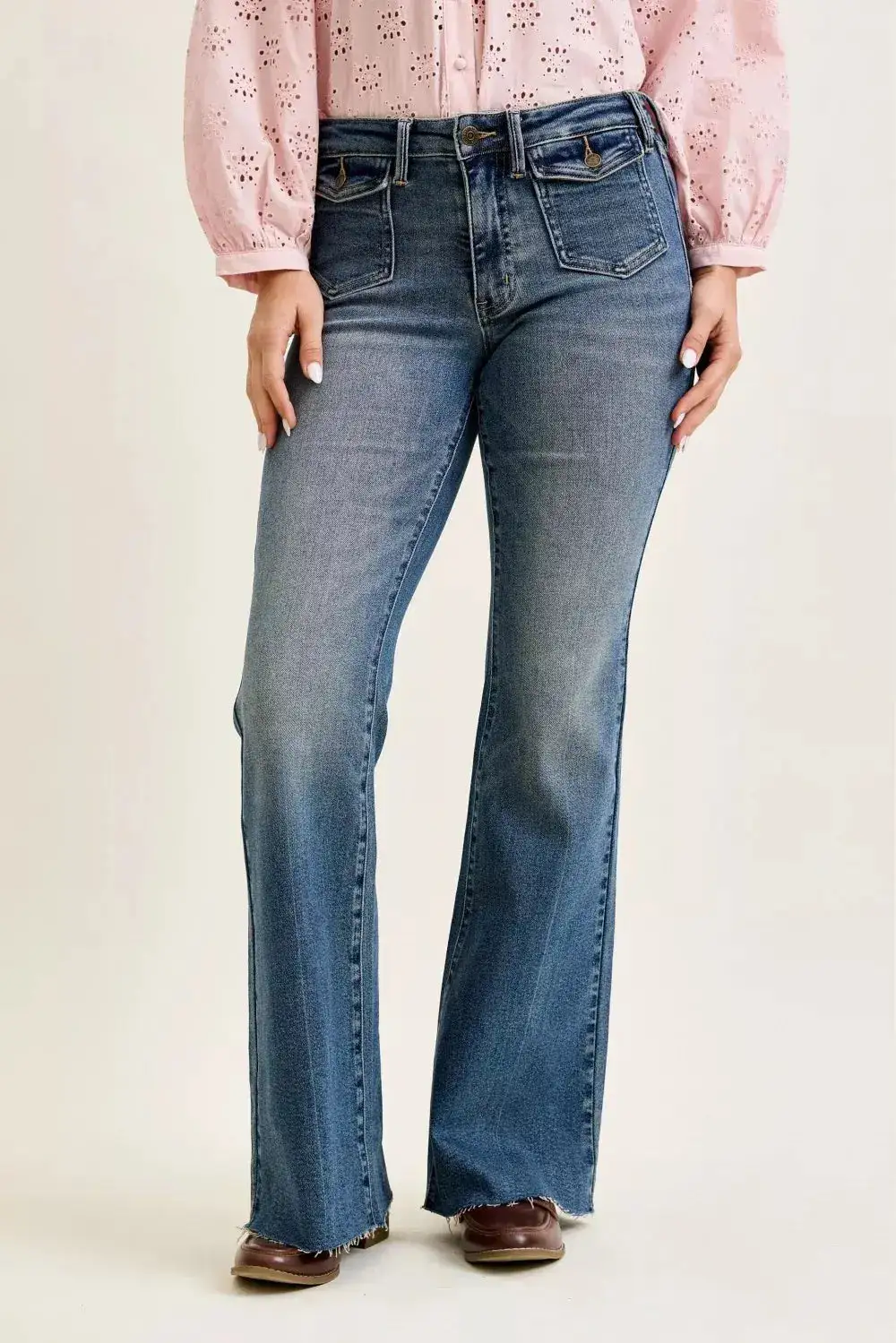Mid Rise Flare Retro Style Raw Hem Pocketed Denim Jeans