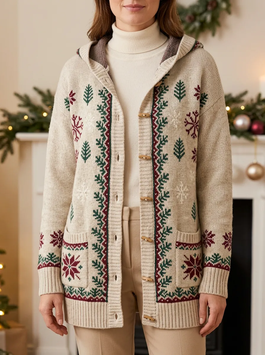 Christmas Snowflake Tree Pattern Knit Hooded Cardigan