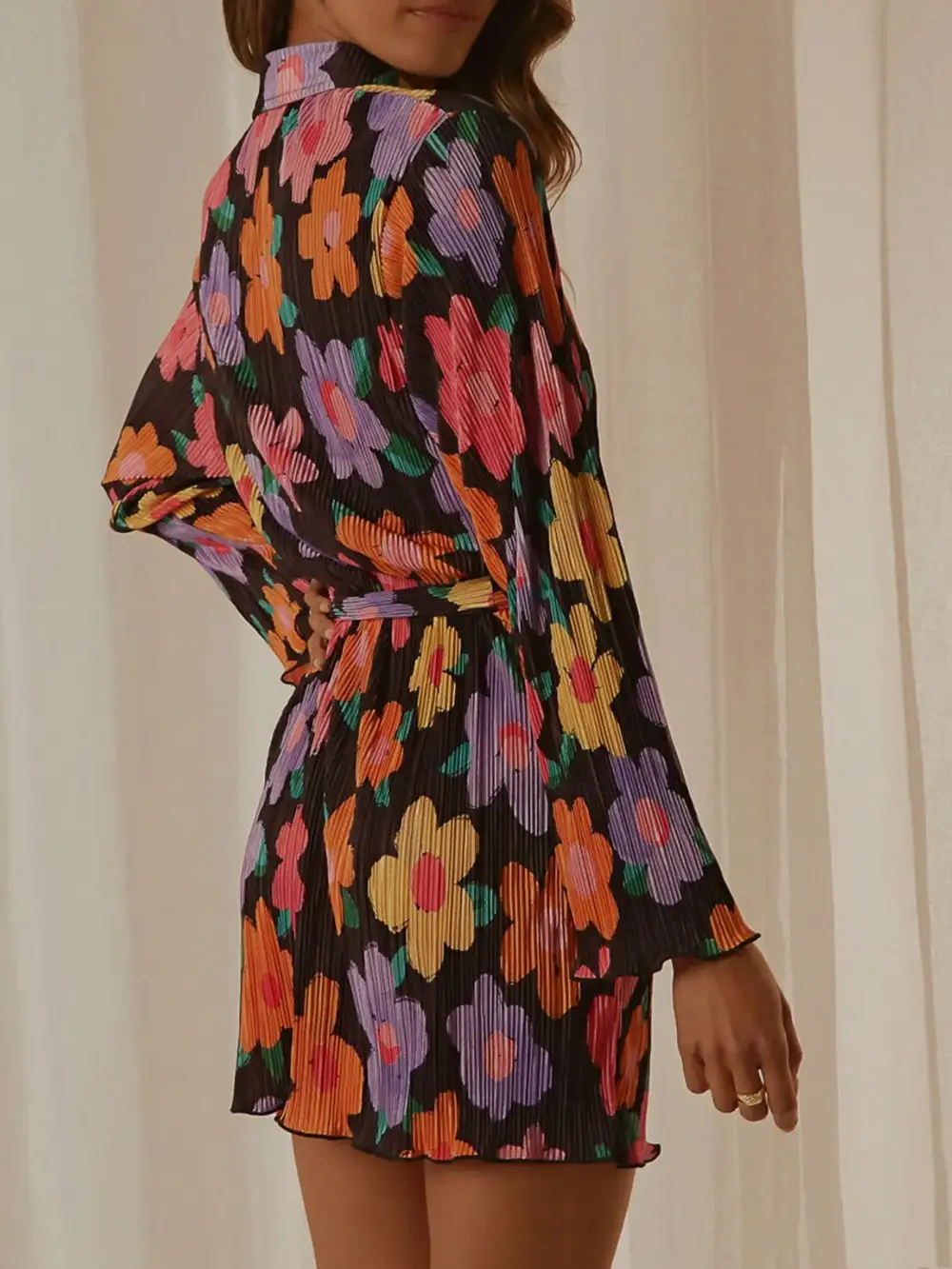 Long-Sleeve Cotton Printed Mini Dress