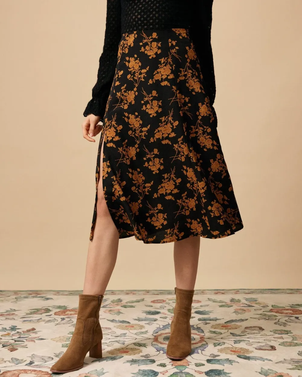 Plants Print Black Skirt