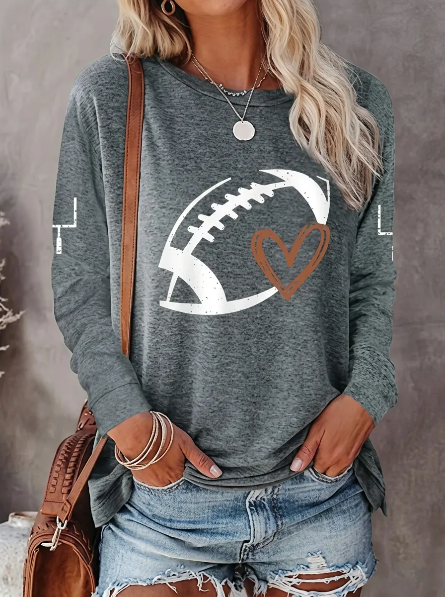 Women's Touchdown Inspired Gridiron Heart Ball Love Crewneck Long Sleeve T-Shirt