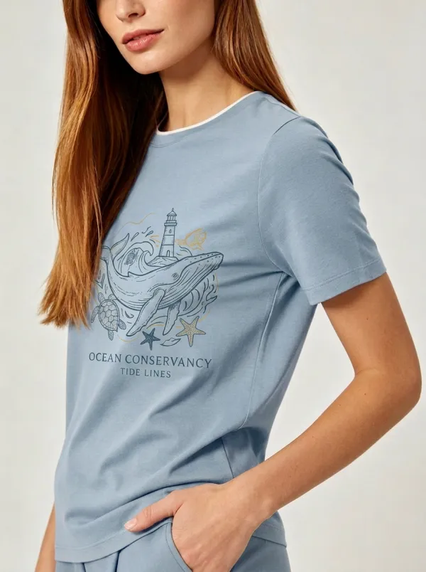 Women's Ocean Lover Whale Lighthouse Printed T-shirt