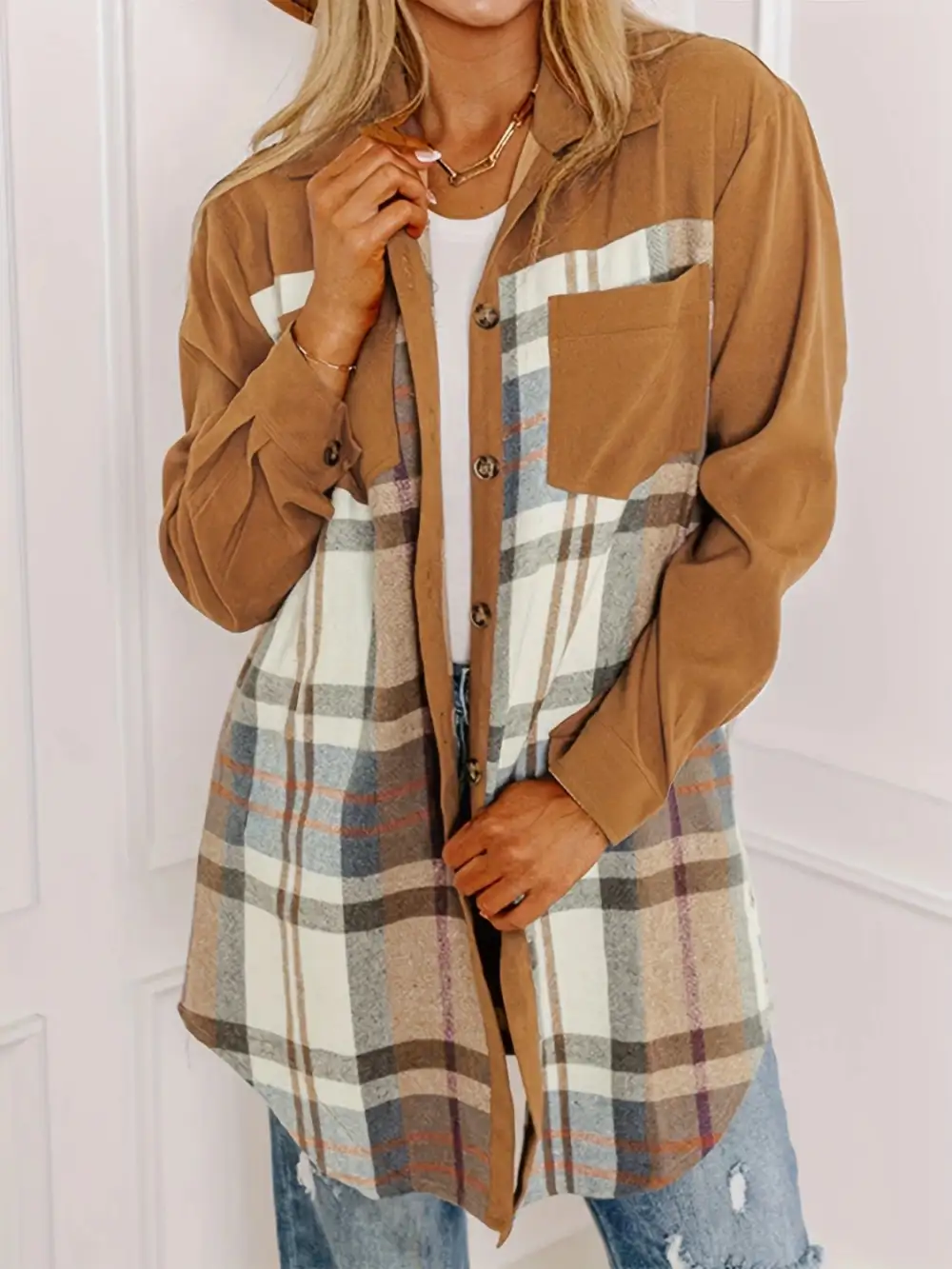 Refined Collared Plaid Pocketed Jacket