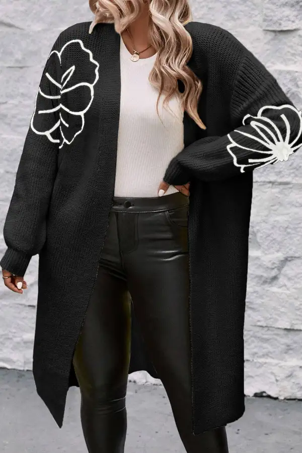 Flower Embroidered Drop Shoulder Open Front Duster Cardigan