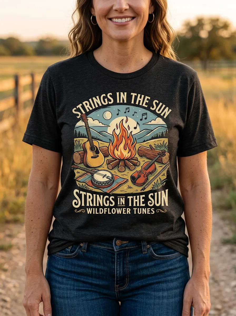 Western Banjo Campfire Country Music Crewneck T-Shirt
