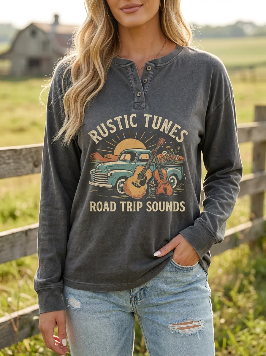 Guitar Truck Vintage-Inspired Henley Women's Country Music Long-Sleeve Shirt