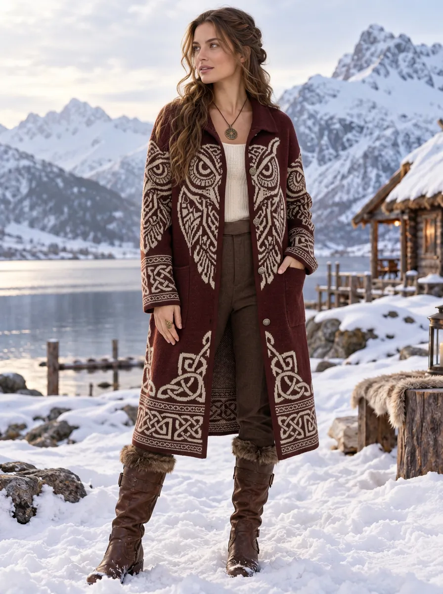 Women's Viking-Inspired Owl Celtic Knot Longline Knit Cardigan