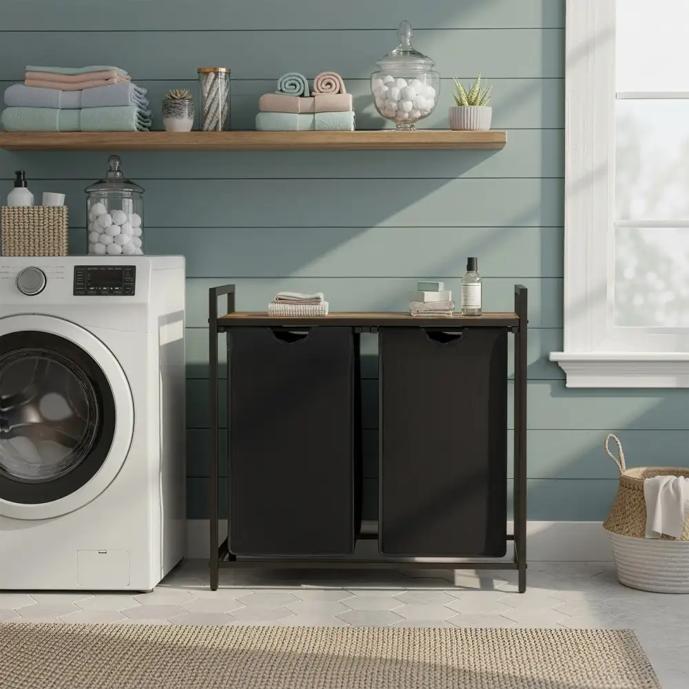 Everyday Double Compartment Removable Liner Shelved Laundry Storage Basket