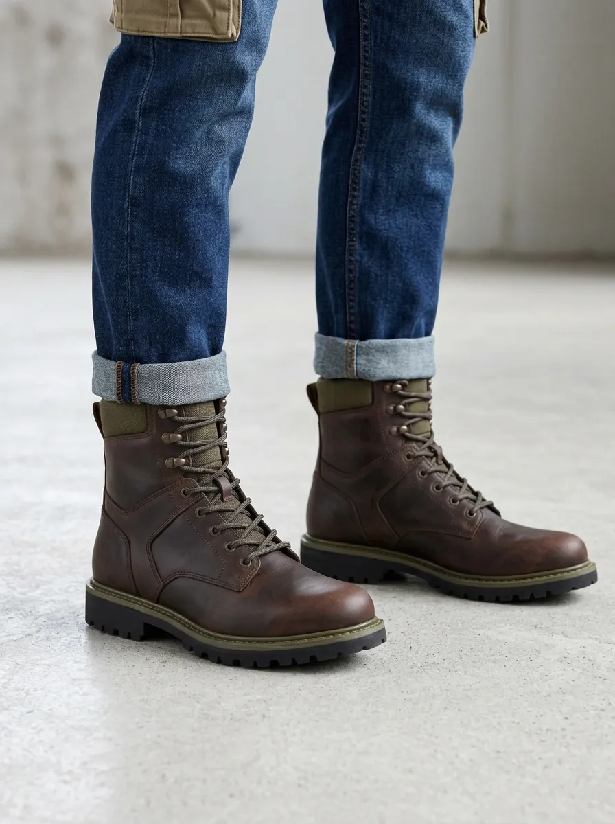 Unisex Outdoor Leather Trim Print Work Boots