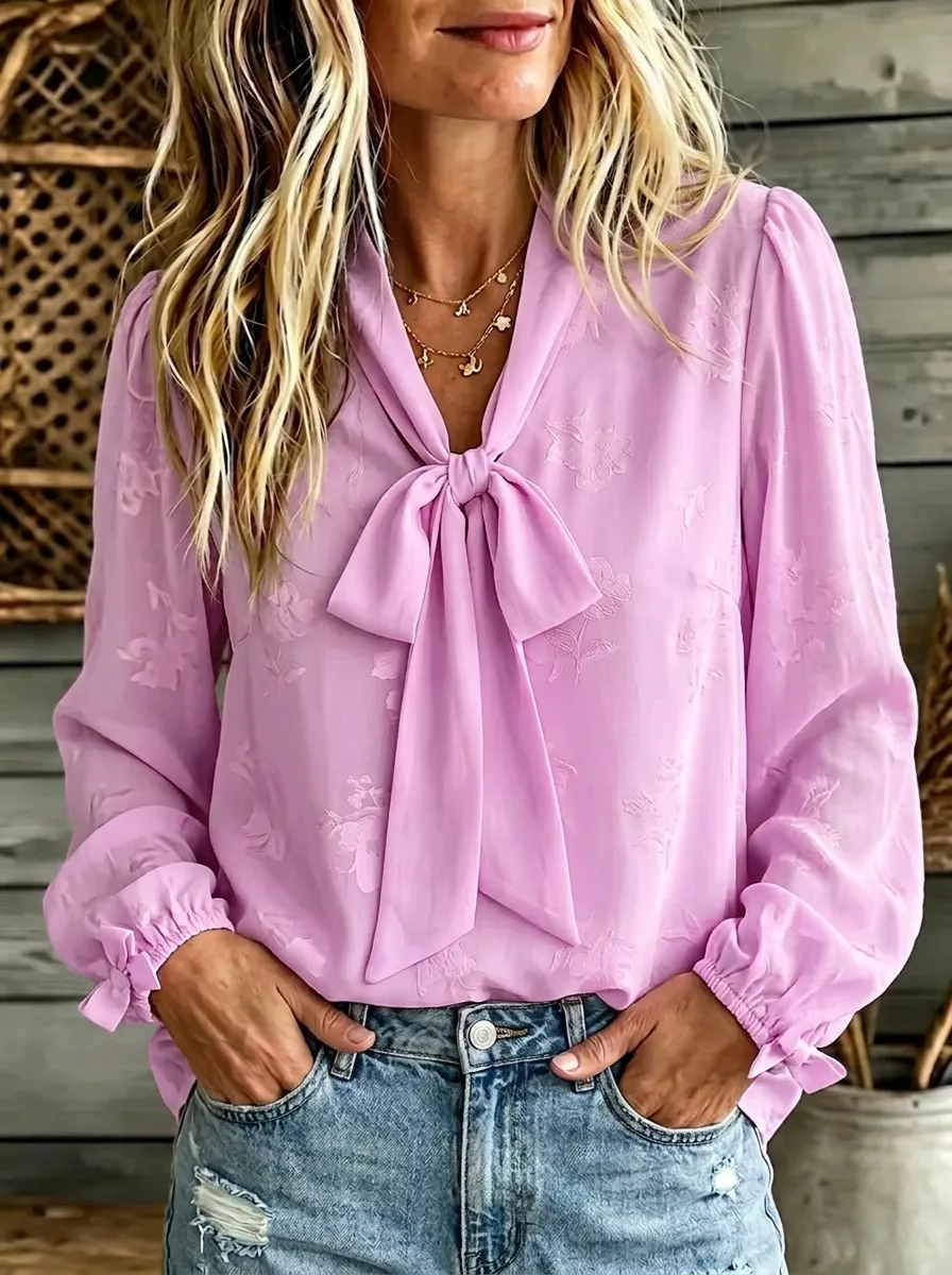 Women's V-neck Tie-neck Long Sleeve Blouse