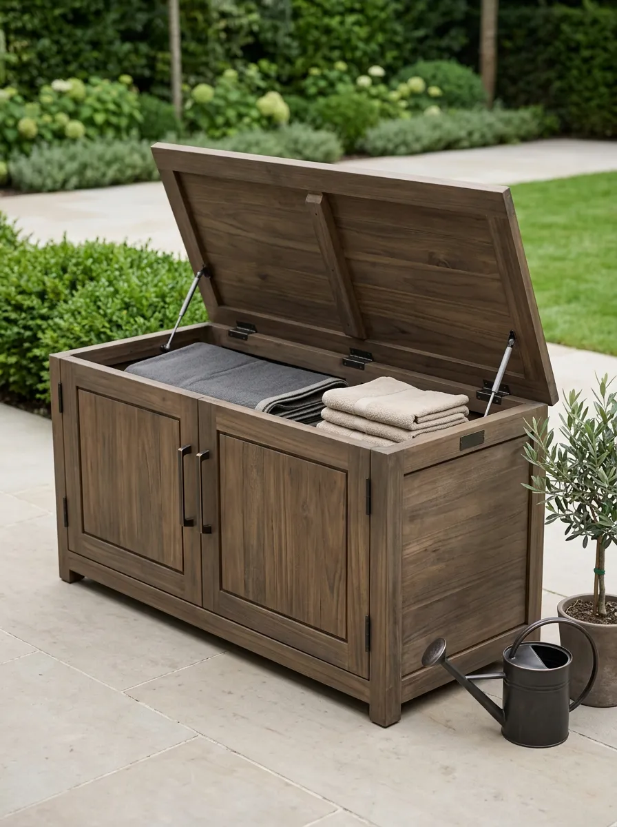 Garden Wooden Teak Style Hinged Lid Outdoor Storage Box
