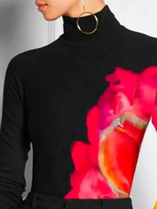 Long Sleeve Slim Fit Contrast Print High Neck T-Shirt