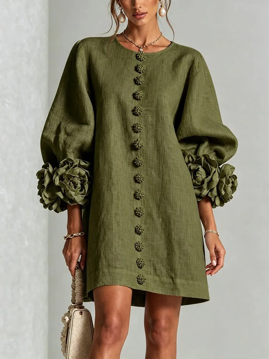 Printed 3D Floral Button-Front Mini Dress