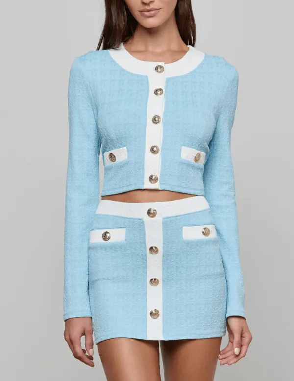 Button-Front Cropped Houndstooth Color-Block Cardigan