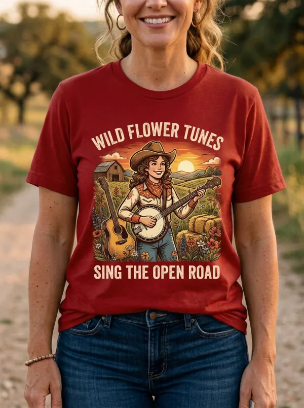 Country-Road Banjo Cowgirl Country Music Crewneck T-Shirt