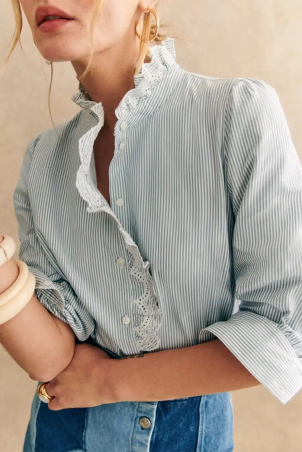 Striped Frilled Button Front Shirt Blouse