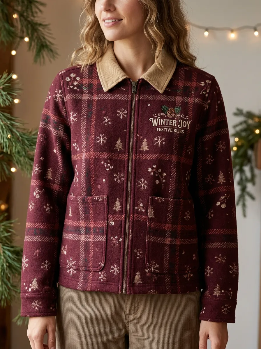 Christmas Winter Joy Snowflake Plaid Print Jacket