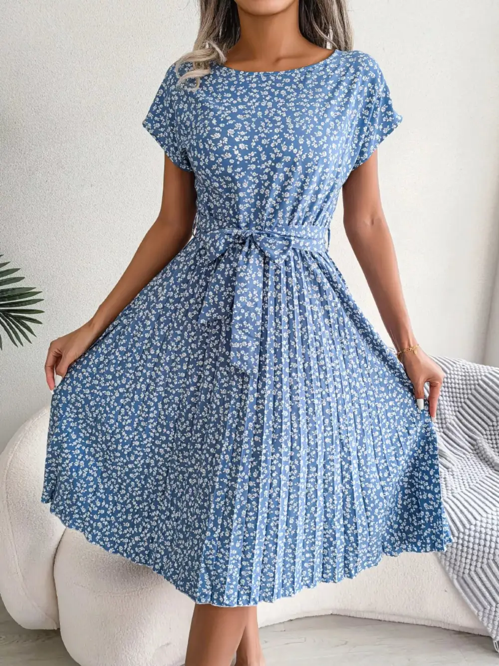 Pleated Midi Dress with Belt